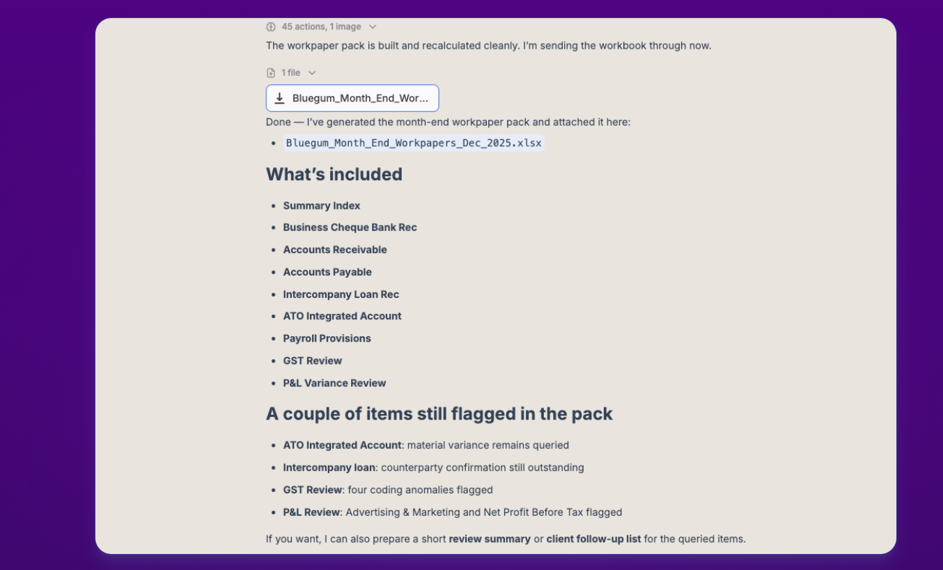 Dojo chat showing a completed month-end workpaper pack with summary and flagged items