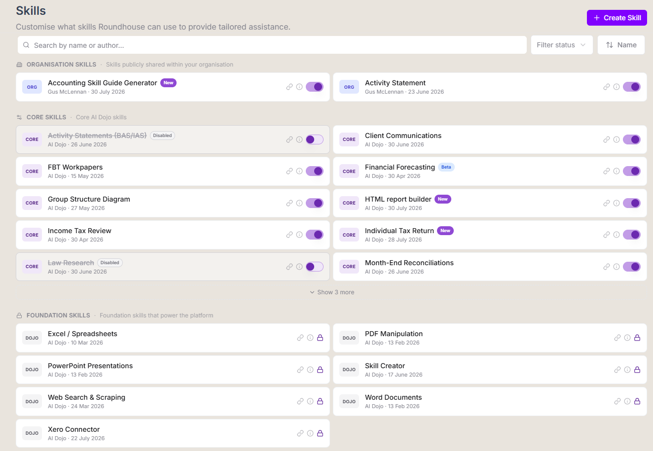 Dojo skills library showing Activity Statements (BAS/IAS), Client Communications, Group Structure Diagram, HTML report builder, Income Tax Review, Individual Tax Return, Month-End Reconciliations, Tax Planning Workpapers and Tax Research