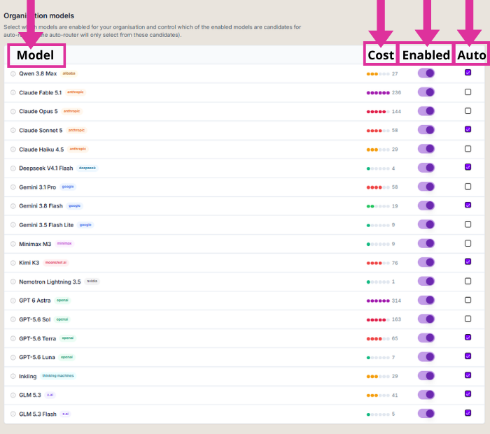 Annotated Dojo organisation models settings page highlighting the model name, cost, enabled and automatic selection columns