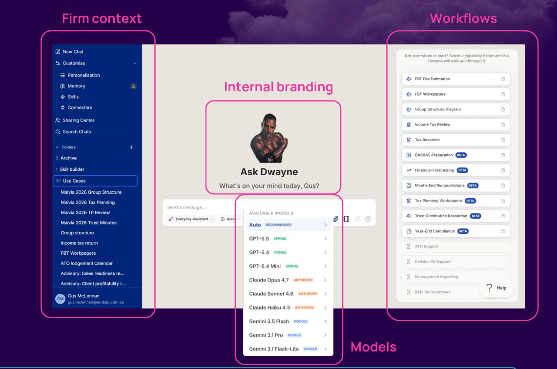 Anatomy of the Dojo workspace: firm context, internal branding, available AI models, and accounting processes