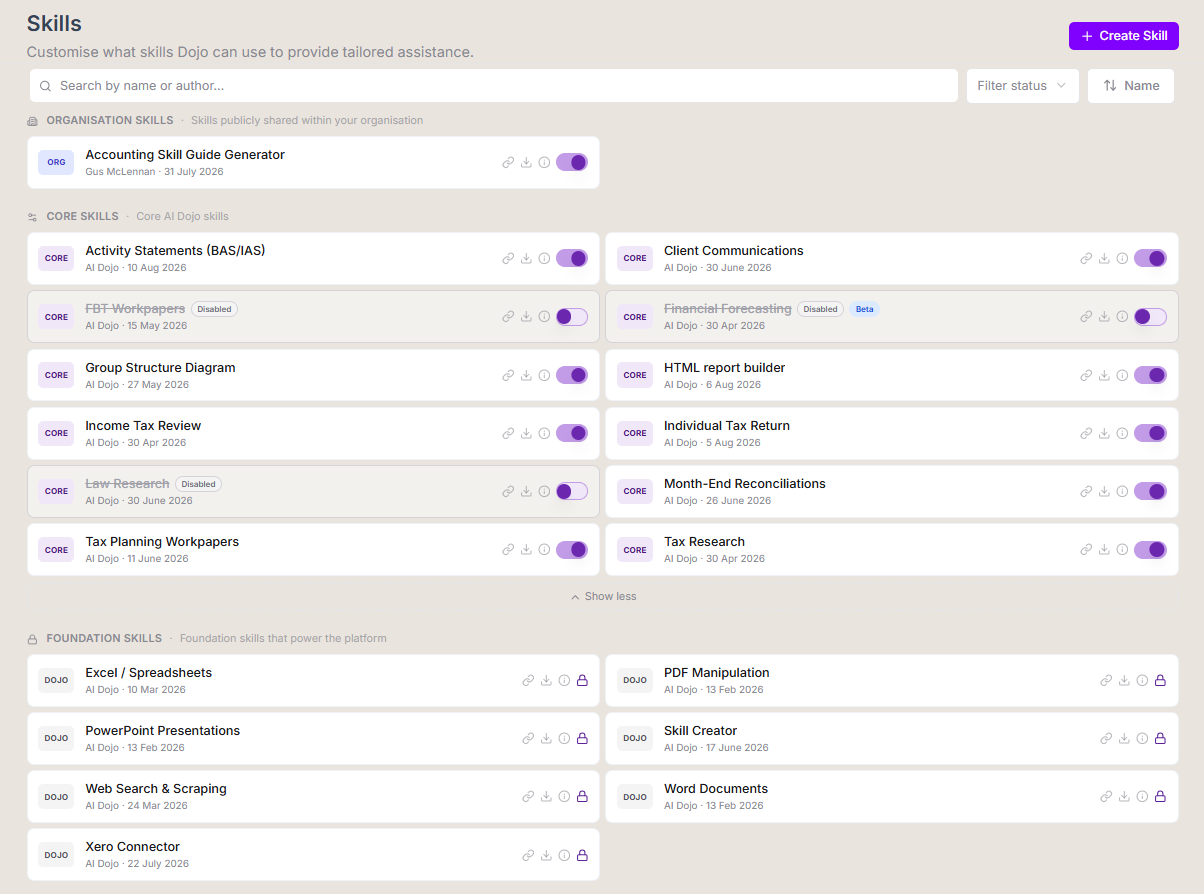 Dojo skills library showing organisation, core and foundation accounting skills