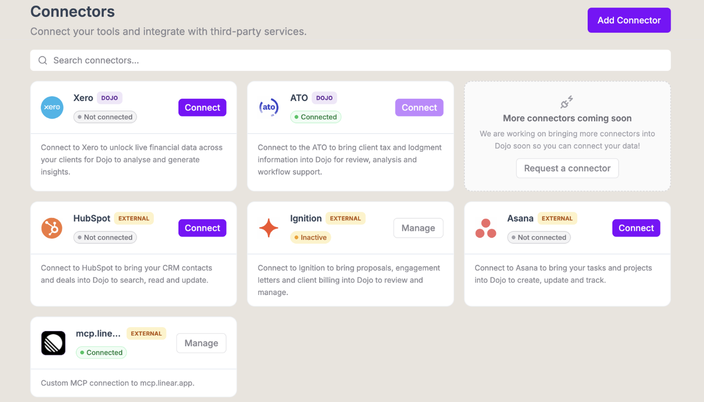 Dojo's Connectors screen showing Xero, ATO and custom MCP connections alongside HubSpot, Ignition and Asana