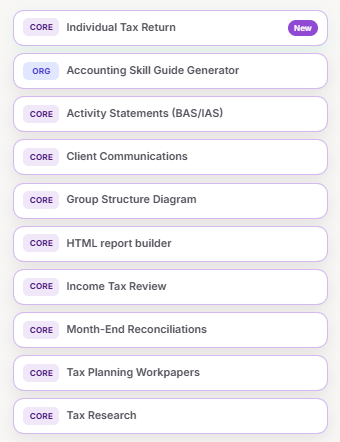 Dojo skills library showing tax and compliance capabilities