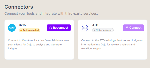 Dojo's Xero and ATO connector cards, showing connection status and the data each one brings into Dojo