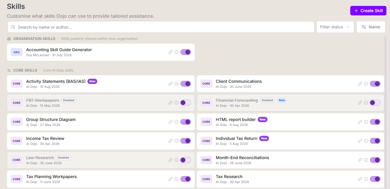 Dojo skills library showing Activity Statements (BAS/IAS), Client Communications, Group Structure Diagram, HTML report builder, Income Tax Review, Individual Tax Return, Month-End Reconciliations, Tax Planning Workpapers and Tax Research
