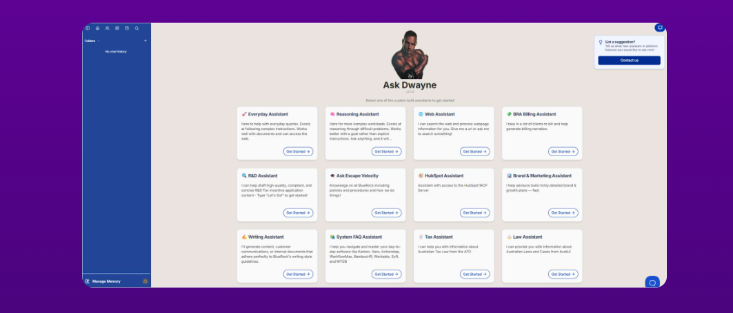Ask Dwayne AI Assistant Interface showing various specialized assistants